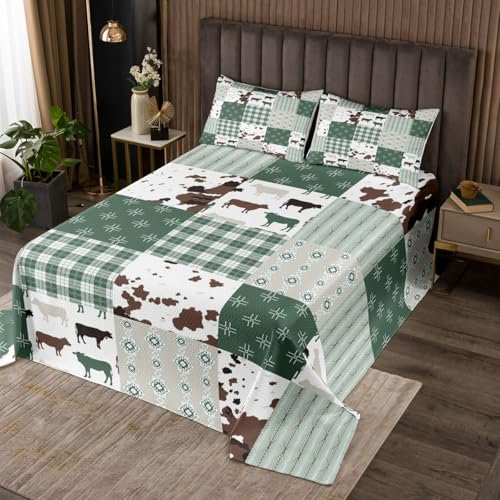 Homemissing Juego de colcha acolchada con estampado de vaca para niños y niñas, diseño de vaca lechera, tamaño King, granja, decoración de dormitorio, color verde y blanco, 3 piezas