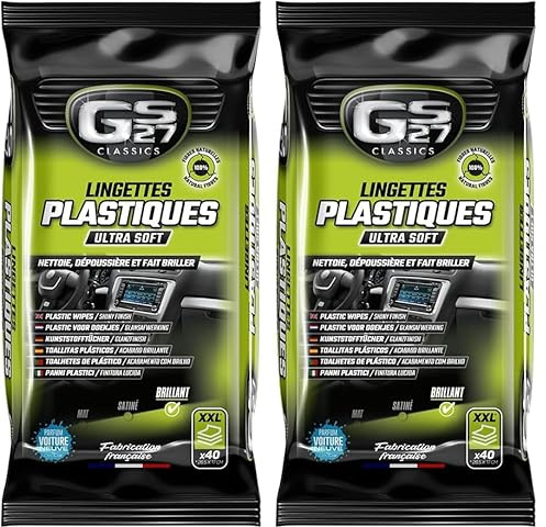 GS27 - Lingettes Plastiques Voiture - Finition Brillante - 100% Viscose Naturelle - Parfum Voiture Neuve - 40 Lingettes Voiture XXL (Lot de 2)