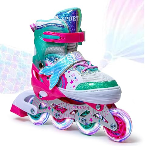 Patines en Línea Ajustables Scale Sports para Niños, Adultos y Principiantes: Patines con Ruedas Iluminadas y Diseño de Cola de Sirena para Niñas, Mujeres y Adolescentes (Menta-Rosa, L)