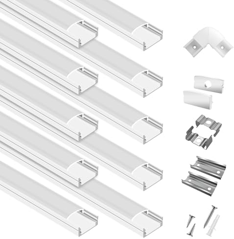 hunhun 10-Pack 6.6ft/2Meter U Shape White LED Aluminum Channel System with Milky Cover, End Caps and Mounting Clips, Aluminum Channel Profile for LED Strip Light Diffuser Installations (10pack*6.6ft)