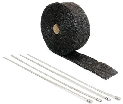 Enveloppe D'échappement Chaîne de tuyau d'échappement de 10 mètres, enveloppe thermique en fibre de verre, chaîne isolante d'échappement, chaîne d'en-tête + 4 attaches Echappement Ruban Ruban(Black)