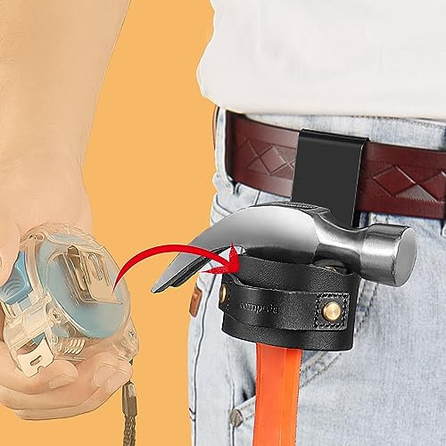 quipuda Hammer Holder for Tool Belt, Axe Holder Hammer Holster Loop Clip for Tape Measure Holder, Full Genuine Leather (Black)
