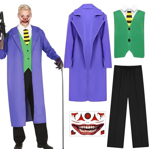 Joker Kostüm Herren, Clown Kostüm Herren, Clown Cosplay Outfit mit Lila Mantel, Weste, Hose, Krawatte, Clown Temporäre Tattoo, Karneval Männer Bösewicht Kostüme für Erwachsene Halloween Anzug