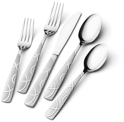 HIKAA 30-Teiliges Besteckset, Modernes Besteck Set 6 Personen, Edelstahl Essbesteck für die Küche, Hochglanzpoliertes Cutlery Set mit Gabeln, Löffeln und Messern, Spülmaschinenfest(Silber)