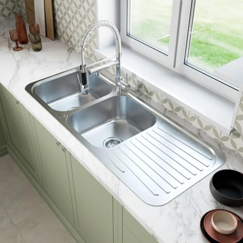 SÄUBER® 1180 x 480mm Stainless Steel Kitchen Sink 2.0 Double Bowl Inset Drop in Installation, Reversible Drainer 18/8 Grade Steel Sinks, with Waste Pipe Kit & Free Basket Strainer Waste