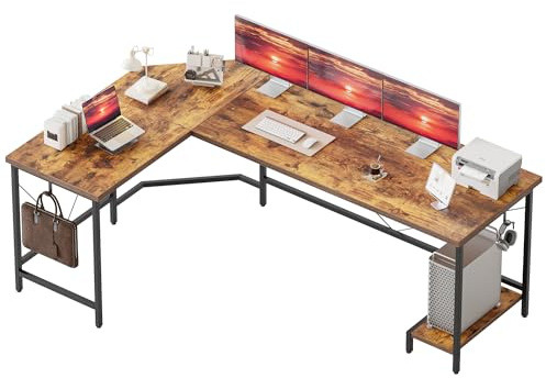 Mericonia L Shaped Desk, 170 cm Corner Gaming Desk for Home Office, Computer Desk Sturdy Writing Workstation for Small Space, Easy to Assemble, Brown