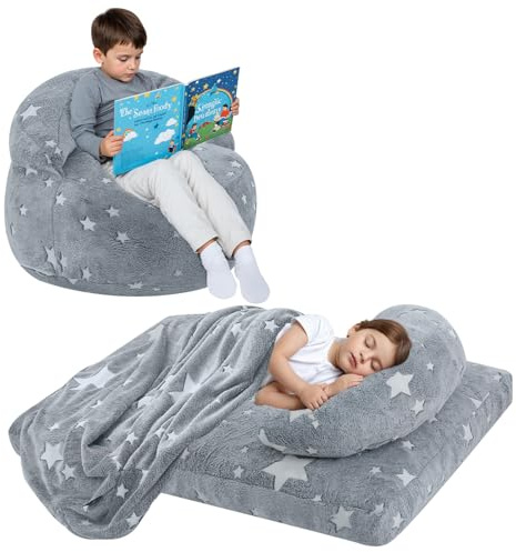 COMAX Bean Bag Chair for Kids, Convertible Toddler Beanbag Bed, Children Bean Chair Stuffed to Floor Mattress with Filler, Glowing Grey Star