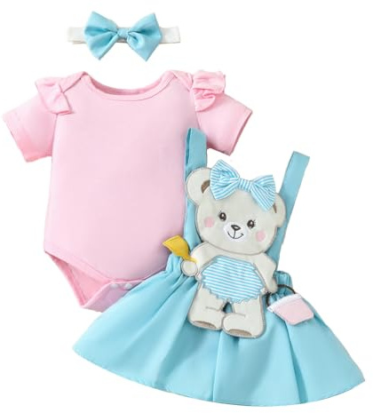 LUVCES Set di Gonne Estive per Neonata Volant Manica Corta Tutina Top +Stampa Floreale/Orso Bretelle Abito+ Fascia per Capelli 3Pcs Vestiti Completino Orso blu e rosa 3-6 Mesi