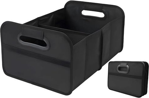 XIAOHILL Foldable Car Boot Organiser - Reinforced Base, Waterproof Multi-Compartment Storage Box for Car, SUV & Lorry - Space-Saving Black Collapsible Boot Tidy with Handles