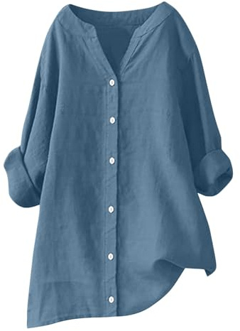 RLEHJN Chemise Lin Femme T Shirts en Coton Et Lin Col en V Bouton Tops Unie Léger Respirant Tee Shirt Casual Tunique Blouse Chemisier Femmes Manche Longue Chic Et Elegant Blouse Fluide Tunique