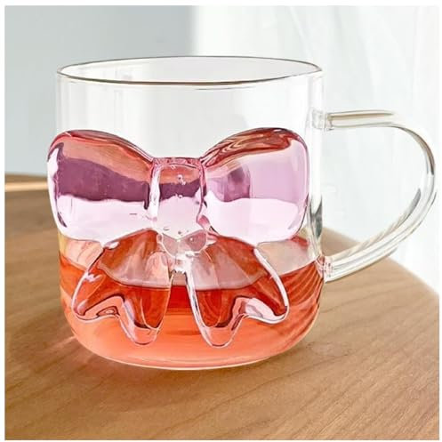 Cute Bow Glass Cups With Handle, Pink Bow Glasses Cup Vintage Ribbed Drinking Glasses Ice Coffee Cup,12oz Cute Bow Mug Bow Coffee Mug, Reusable Bow Coffee Cup for Milk Tea Mocha Cocktail Juice