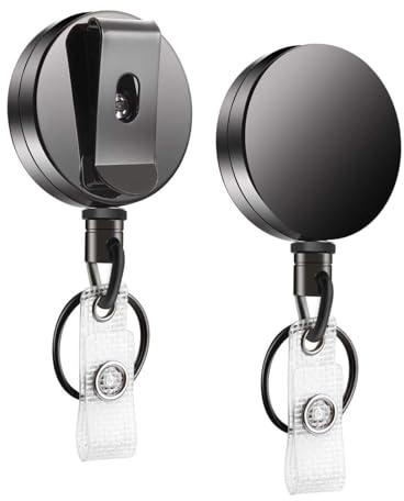 Retractable Badge Holder with Steel Cord & Belt Clip, 2 Pack Heavy Duty Retractable Keychain, ID Badge Holder Lanyard Key Ring for ID Cards, Name Tags, Office Use, Key Chains for Men