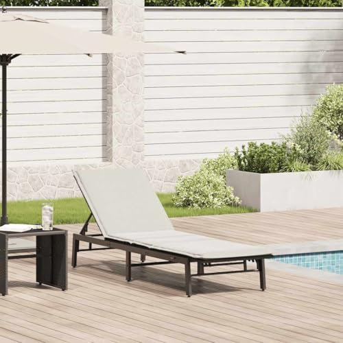 Myheimly Sonnenliege mit Auflage Schwarz Poly-Rattan Gartenliege, Strandliege, Tagesbett, Relaxliege, Sonnenbett, Chaiselongue, Lounge Bett Kissenfarbe Cremeweiß
