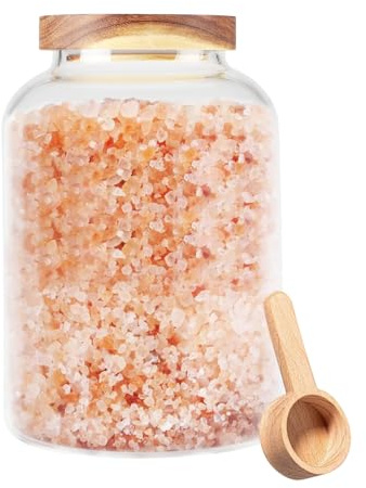 ZoeQide Bath Salt Container 2 L Glas, Behälter Badesalz mit Holzdeckel | Luftdichte Bad Aufbewahrung für Badesalz, Badebomben und Seifen, klares 2 L Glas passend für Badregal oder Gästezimmer