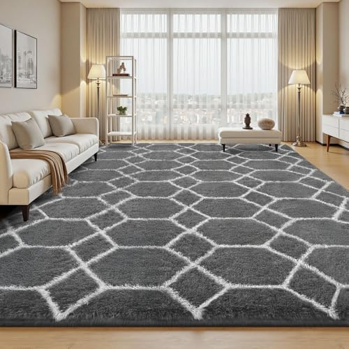 Treeboy Hochflor Teppich Grau Carpet Wohnzimmer 240x300 Große Waschbar | Anti-Rutsch Extra Große Teppiche Schlafzimmer Flauschige Moderne Teppiche Matte Teppichen für Schlafzimmer Kinderzimmer