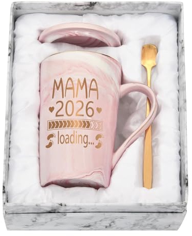 Diztoud Kaffeetasse Geschenke für Schwangere, Schwangerschaft Geschenk Muttertag, Geschenke für werdende Mütter, Mama Loading 2026, 400ML Keramik Marmorbecher mit Deckel, Löffel und Geschenkbox