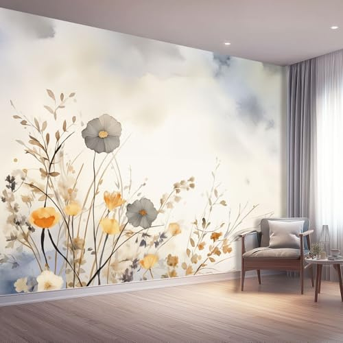 Générique Papier Peint Panoramique Beige 200 x 140 cm, Aquarelle Fleurs sauvages Tiges d'herbe Thème Revêtement mural Décoration Chambre Design Moderne Intissé Tapisserie Photo Pour Chambre Salon