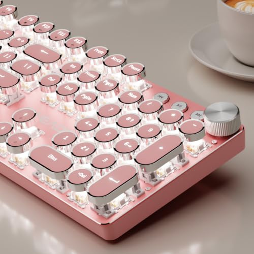 EWEADN V20 Typewriter Keyboard Wireless,104 Keys Typewriter Style Mechanical with White Backlit, Media Knob, White Switch 2.4G/Bluetooth/USB-C Retro Full Size Keyboard for Windows/Mac/PC-Dark Pink