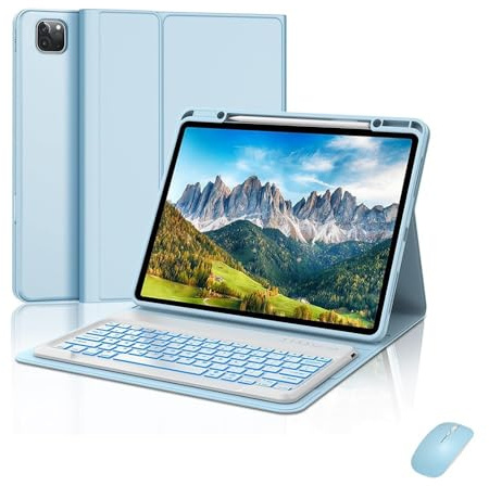 kuaijiexiaopu Avtagbart tangentbord med 7 färger och bakgrundsbelysning, läderfodral i fällbart läder, kompatibelt med iPad Pro 11 tum 2024(Sky Blue+Keyboard+Mouse)