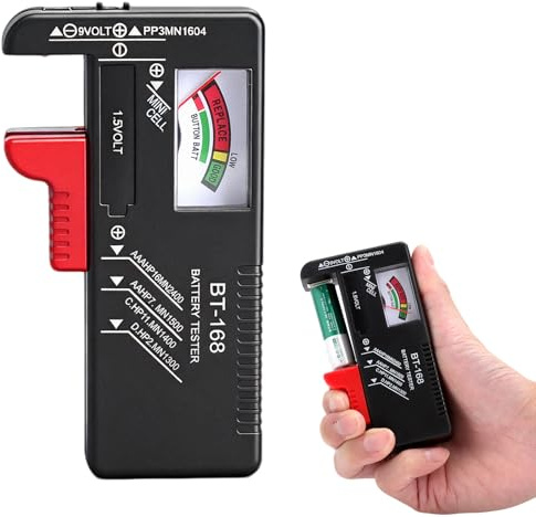 Probador de Pilas BT-168 Universal AA AAA C D 9V – Tester de Baterías Analógico sin Energía con Escala de Colores – Medidor Compacto para Juguetes, Mandos y Uso Doméstico