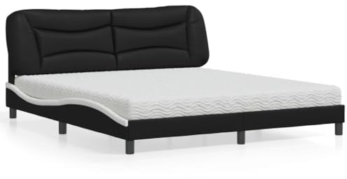 Runheo Hvar Konstläder säng med madrass, 180 x 200 cm, svart-vit, vågdesign, komfort-skummadrass, hållbara sovrumsmöbler