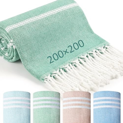 Nuenen 4er Set Hamamtuch Saunahandtuch 200 x 200 cm Leichtes Schnell Trocknendes Strandtuch aus Baumwolle Platzsparend für Reise Sauna Yoga Urlaub Weich Stilvoll (Grün, Braun, Hellblau, Blau)