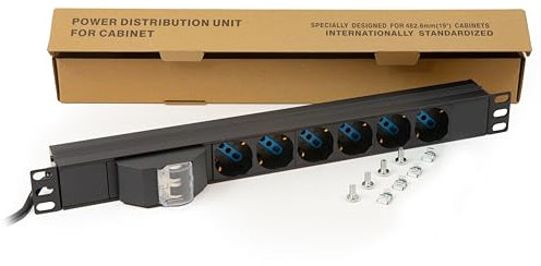 Link multipresa elettrica LK10050 per rack 19 con interruttore magnetotermico e 6 prese universali tripolari/Schuko in metallo, cavo 1,75mt. spina italiana 16. Alette reversibili.