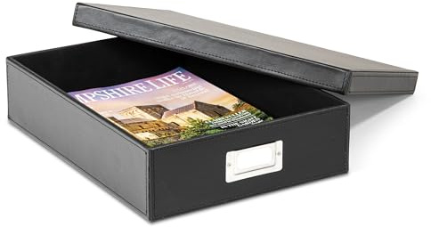 Osco Faux Leather A4 Document Storage Box with Lid, Stackable Desk Paperwork Organiser for A4 Files Envelopes, Durable Filing Solution for Home or Office, 8.5×25×33.5 cm, Black
