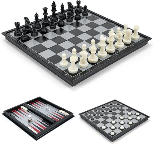 Gibot Schachspiel Magnetisch, 3-in-1 Schachspiel Hochwertig, Einklappbar Schachbrett, Reiseschach, Schach für Kinder und Erwachsene, Schwarz und Weiß 32 × 32 cm
