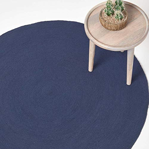 Homescapes runder Teppich 120 cm, dunkelblau, geflochtener Bettvorleger aus Baumwolle, Wendeteppich, handgewebter Retro-Teppich, blau