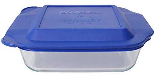 Pyrex (1) 222 Pirofila quadrata di vetro & (1) 222-PC coperchio blu Made in USA
