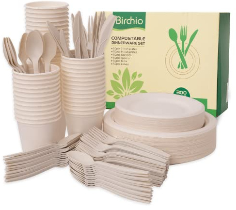 300 Piece (50 Sets) Biodegradable Paper Plates Set (EXTRA LONG UTENSILS), Disposable Dinnerware Set, Eco Friendly Compostable Plates & Utensil include Plates, Cups, Forks, Knives and Spoons