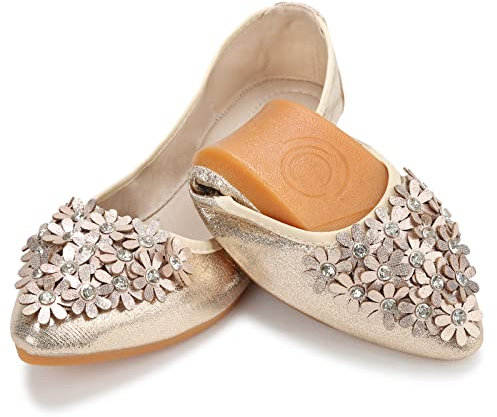 QIMAOO Ballerine da donna, pieghevoli, ballerine da donna, scarpe basse arrotolabili, Margherita Oro, 40 EU