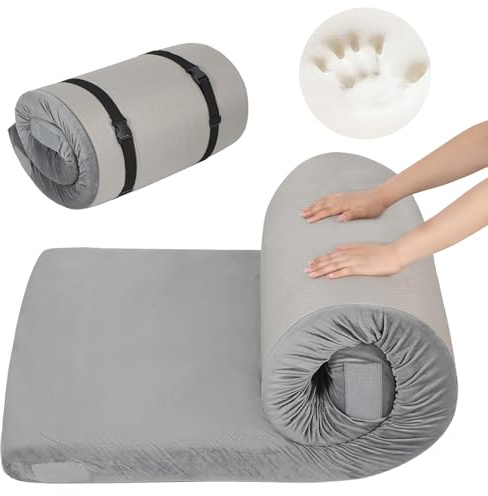 REDCAMP Colchón plegable de espuma viscoelástica para camping, colchón portátil individual con cremallera y bolsa de transporte, colchón de viaje enrollable para suelo, coche, gris, 191x76x3 pulgadas