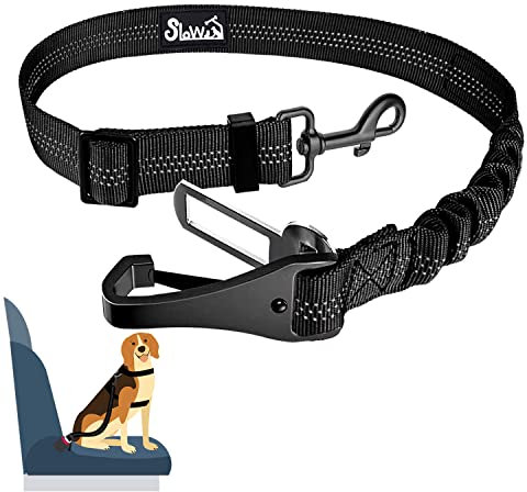 Eyein Hunde Sicherheitsgurt für Auto, Verstellbarer Hundegurt fürs Auto mit Elastischer Ruckdämpfung, 3 in 1 reflektierend Hunde Anschnallgurt für alle Hunderassen & Autotypen, 90cm (Schwarz)