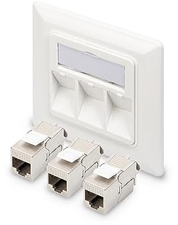 DIGITUS Set: 3-Port Netzwerkdose – 1 Stück – Mit 3x Cat6A Keystone-Modul – Auslass 45° Gewinkelt – Mit Staubschutz-Kappe – Weiß