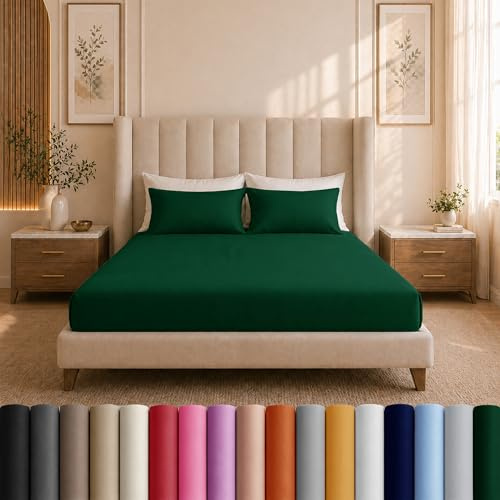 Moonlight Bedding Single Fitted Sheet - 25cm Deep Pockets Elastic Emerald Fitted Bed Sheets - Brushed Microfiber Fade Resistant, Shrinkage & Wrinkle free Easy Care Fitted (91 x 190 Cm)