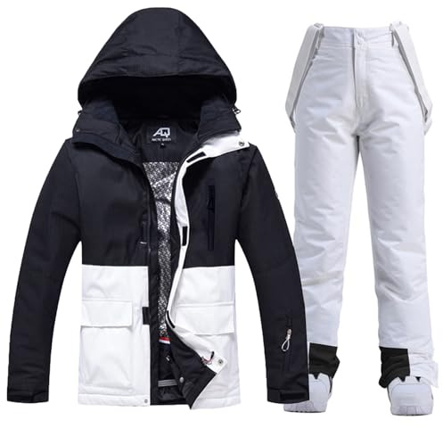 ALSOGO Tuta da sci da donna, set giacca e pantaloni da neve, 2 pezzi, impermeabile, calda, giacca invernale con cappuccio rimovibile per sciare, fare snowboard, giacca e pantaloni da neve, L