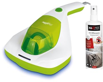 MAXXMEE Aspirador de Mano antiácaros más Spray antiácaros de 250 ml | Destruye hasta el 99,9% de Todos los ácaros del Polvo con luz UV-C | Contenedor de Polvo de 250 ml [Filtro HEPA]