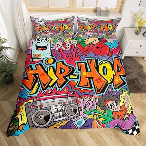 Homewish Housse de Couette 140x200 Graffiti en Microfibre avec 1 Taie d'oreiller, Parure de Lit Couleur Hip Hop pour Enfant Garçon Fille Ado, Ensemble de Literie Moderne Graffiti Street Art