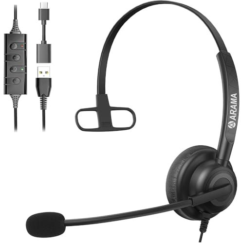Arama Casque USB avec microphone antibruit pour PC, casque d'ordinateur, casque filaire USB mono pour ordinateur portable, cours en ligne, centre d'appel, entreprise, réunions zoom, Skype Chat