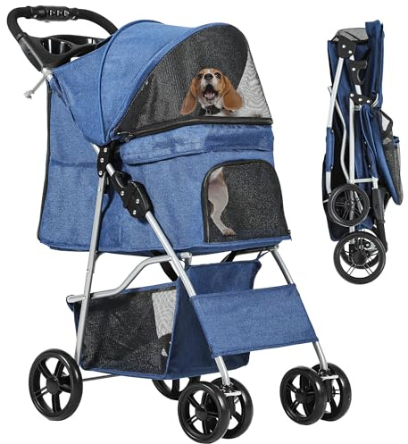 YITAHOME Haustierbuggy für mittelgroße Hunde, 4-Rad-Hundebuggy mit Aufbewahrungskorb, faltbarer Haustier-Reisewagen mit Getränkehalter und Aufbewahrungskorb (Blau)