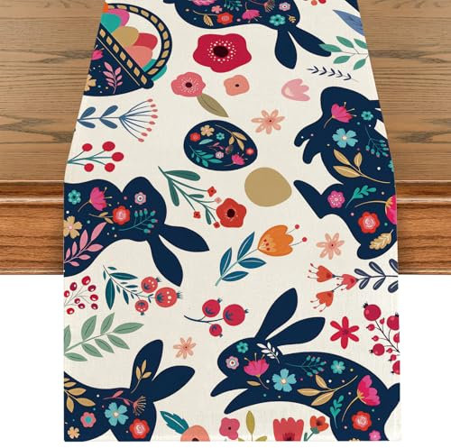 Ostern Tischläufer, Ostereier Tischband, Frühling Blumen Tischläufer Osterhase Tischdeko, Tischdekoration für Drinnen Draußen Party Osterdeko Frühlingdeko, 40 x 180 cm