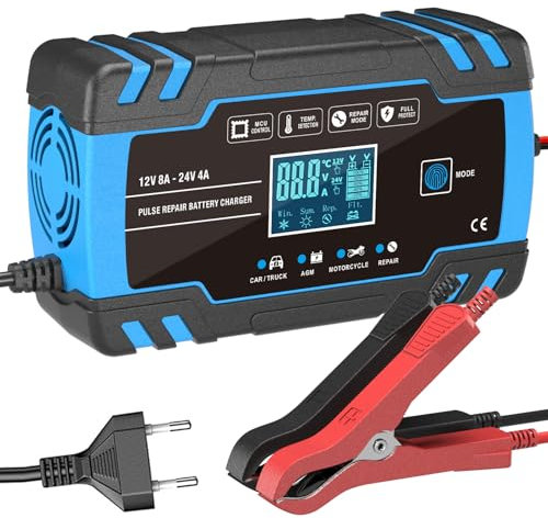 8A Ladegerät für Autobatterie, 12V/24V Smart Vollautomatisches 1,5A/4A/8A Auto -Batterie -Ladegerät mit Temperaturkompensation für Auto, KFZ, LKW, Motorrad, Rasenmäher, Boot, Meeresbatterien