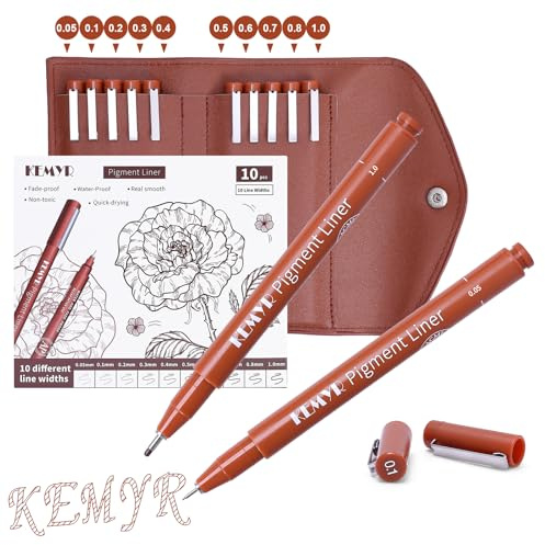 KEMYR Fineliner Set,10 Pigmentliner,wasserfeste Pigmenttinte,dokumentenecht, für Manga, Comic,Illustration, technisches Zeichnen und Kalligraphie,mit Aufbewahrungstasche,Sepia 0,03-1,0mm