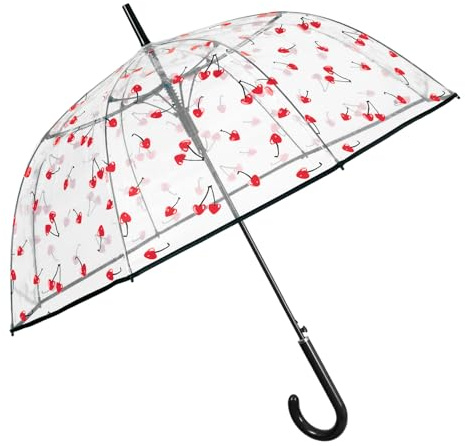 PERLETTI Paraguas Transparente Mujer Automático con Cerezas - Paraguas Cúpula Antiviento para Chicas Grande y Ligero - Sombrilla Lluvia Resistente para Adultos Cortaviento - Diámetro 89 cm (Cerezas)