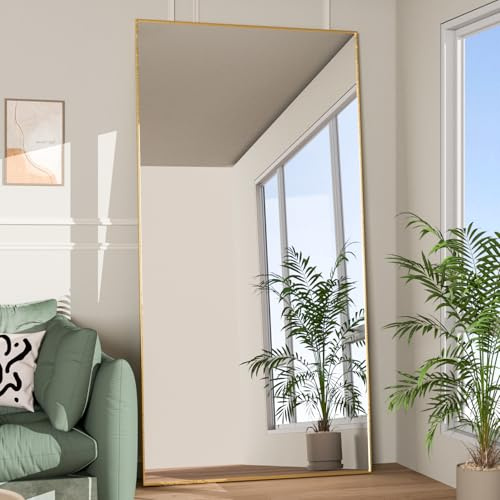 NEUWEABY Miroir sur Pied 193 x 86 cm, Miroir Pleine Longueur, Grand Miroir Mural avec Cadre en Aluminium, Miroirs Intégral Rectangulaire pour Chambre, Entrée, Salon, Couloir,Doré