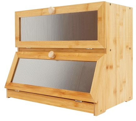 Barril de pan de bambú de doble capa, 40 x 25 x 33 cm, hecho de bambú y acrílico, color madera natural, solapa semivisible adecuada para el hogar panadería
