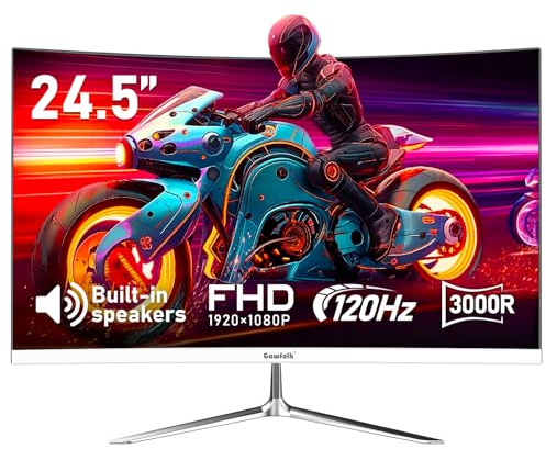 Gawfolk 24 Inch Curved Gaming Monitor, Built-in Speakers, 120Hz, 1920x1080P Full HD, 98% sRGB, 3000R Curvature, HDMI & VGA Ports, White PC Monitor