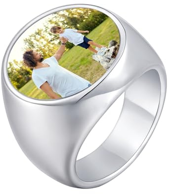 Bague Homme Chevalière avec Photo Personnalisé - Acier Inoxydable Bagues Ronde Sceau Personnalisable et Gravé, Bijoux Cadeaux Anniversaire pour Hommes Papa Frère meilleur amis Copains 64